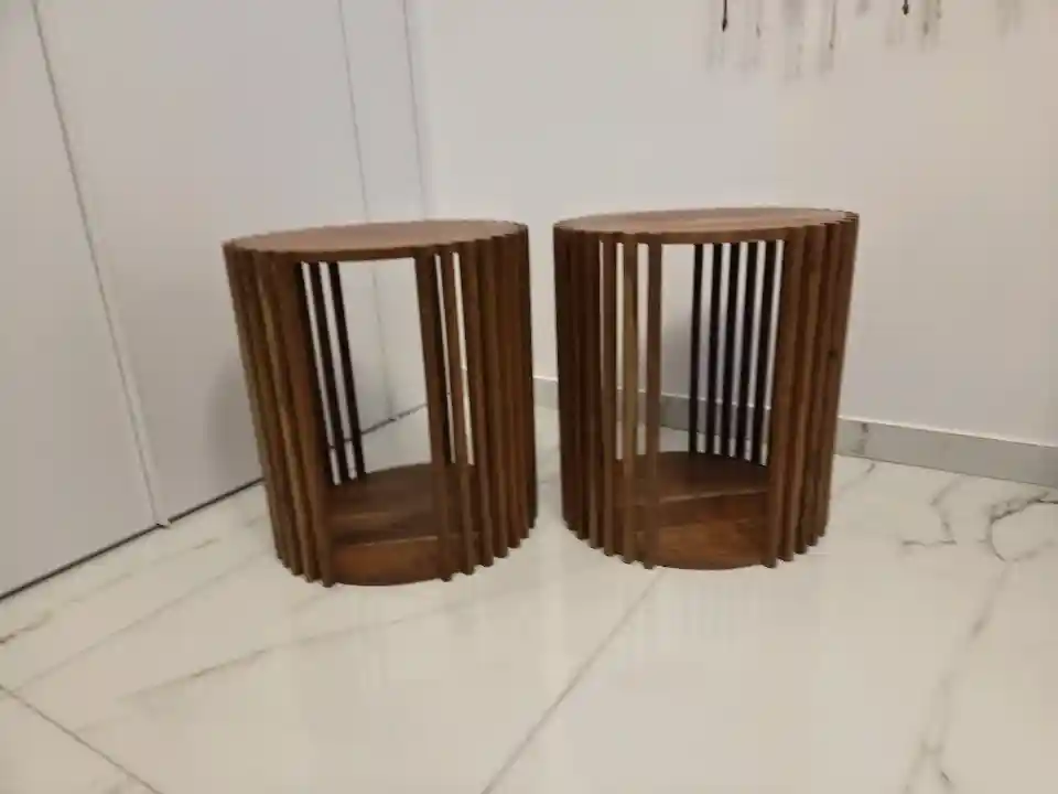 Pair of Modern Round Slatted Wooden Side Tables / Nightstands – 1