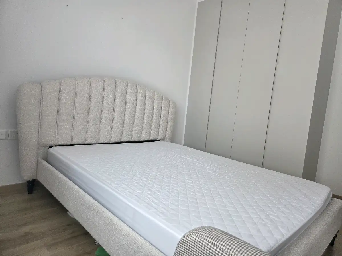 Upholstered Double Bed Frame with Mattress (Beige Fabric) – 1