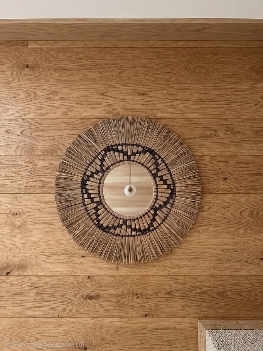 Round Boho Straw Wall Mirror / Woven Raffia Decor