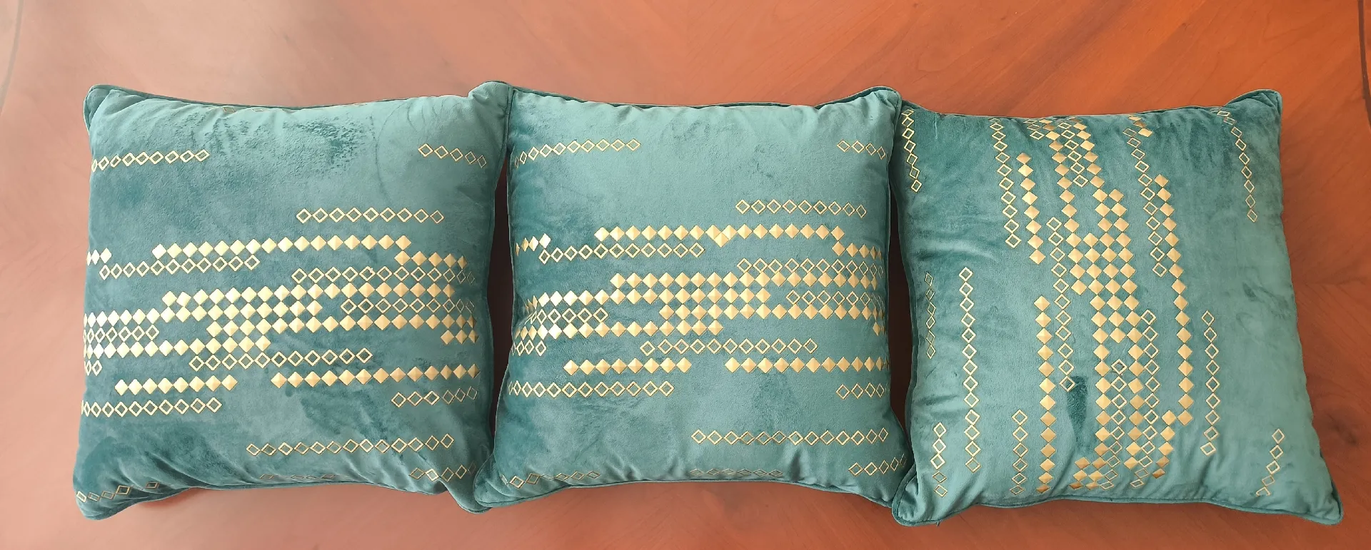 Set of 3 Teal Velvet Throw Pillows with Gold Patterns