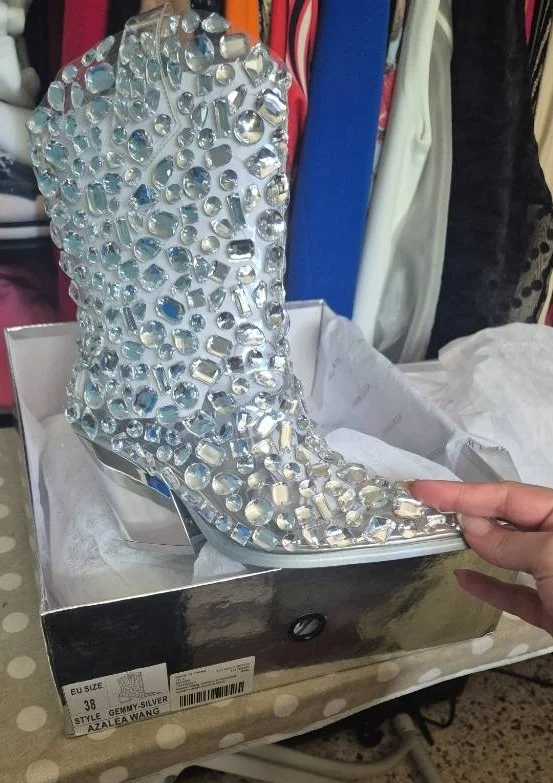 Μπότες Azalea Wang Gemmy PVC Western με Κρυστάλλους - Silver - Νούμερο 38 (Καινούργιες) – 1
