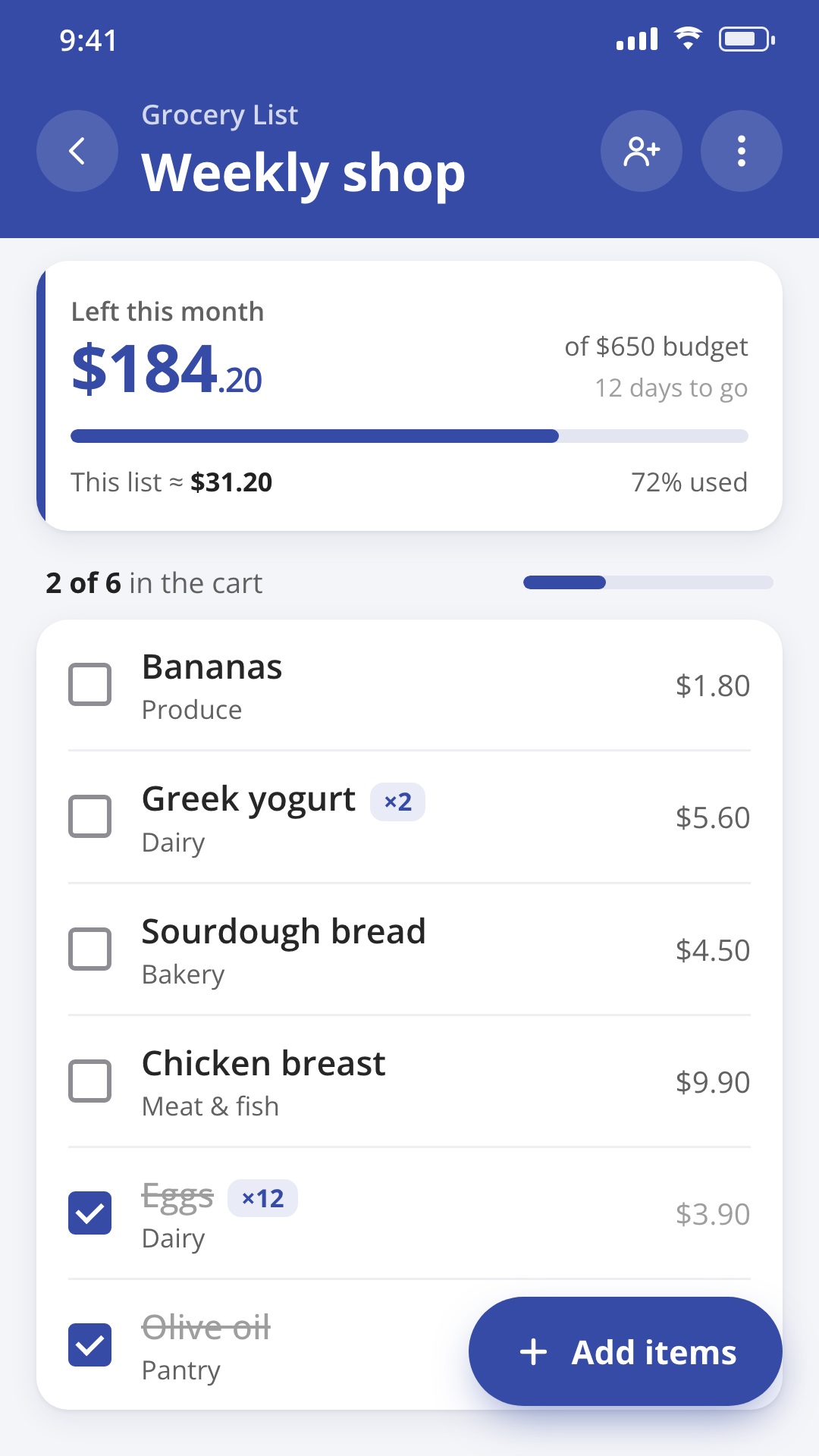 Grocery List & Budget Planner showing a shared shopping list next to the monthly budget