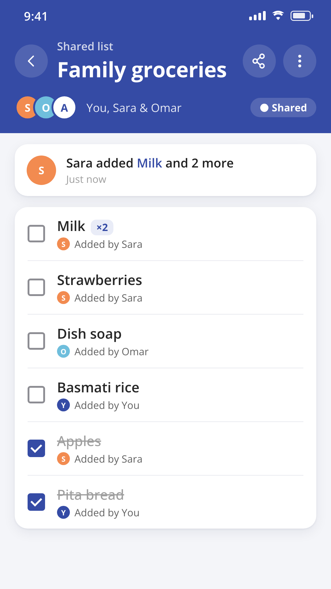 Shared family list on the Grocery List & Budget Planner app, showing who added each item