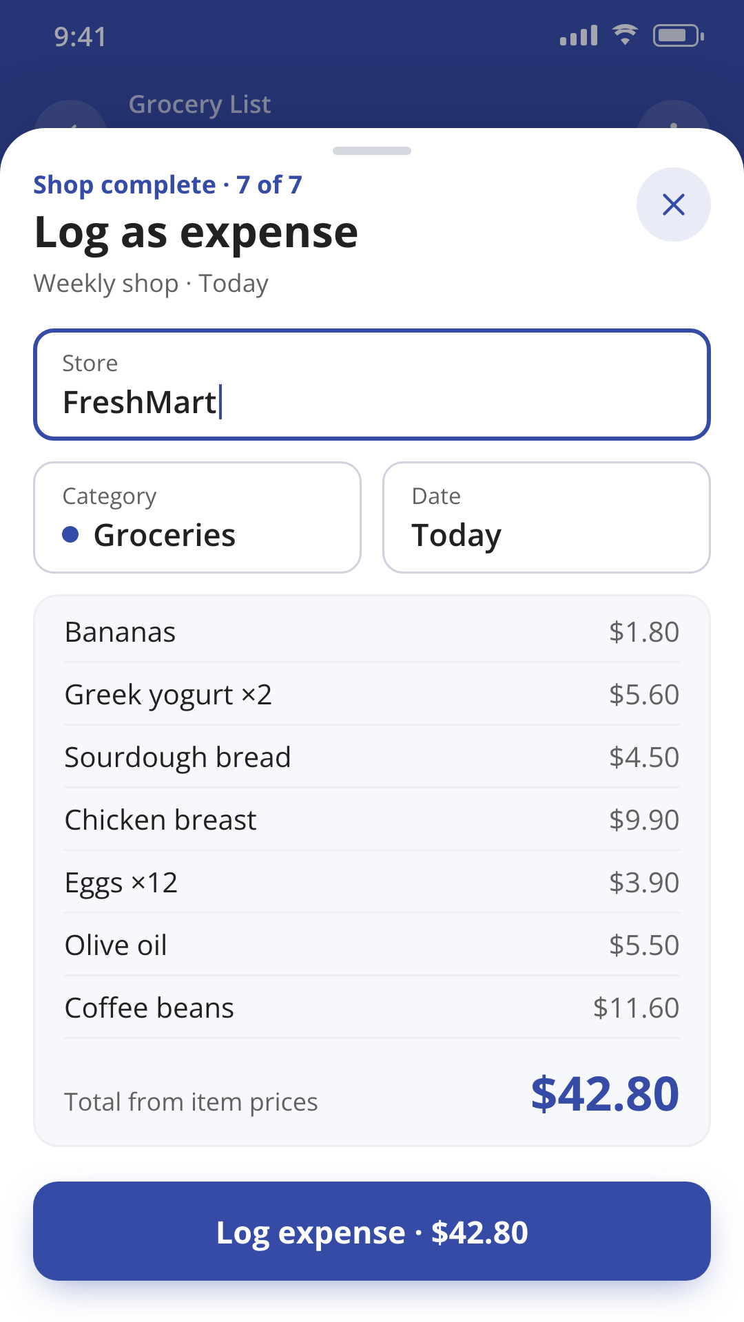 Logging a finished shop as an expense in the Grocery List & Budget Planner app