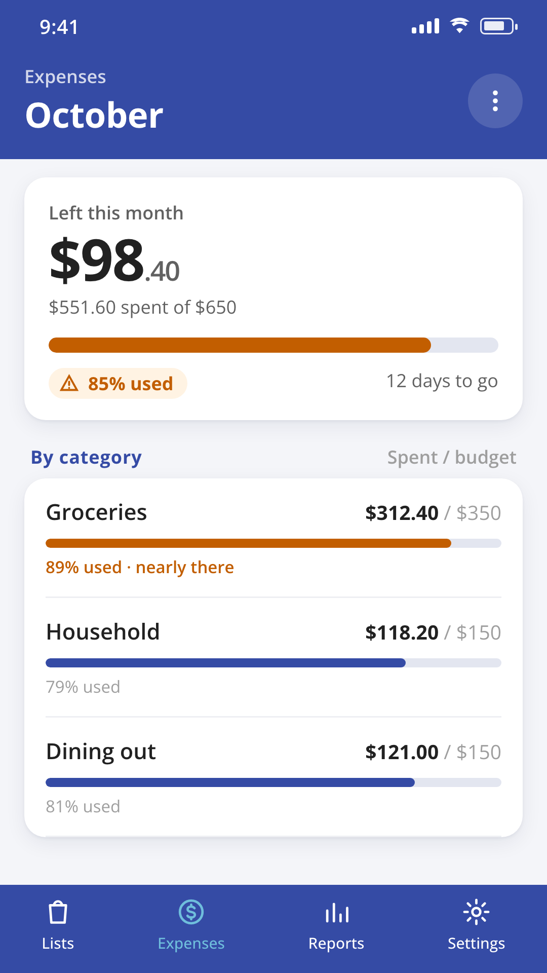 Monthly budget view with category spending in the Grocery List & Budget Planner app