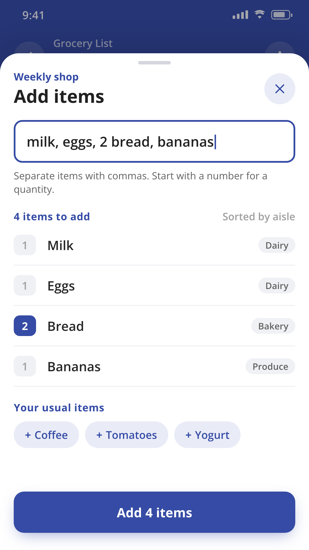 Adding several grocery items at once with quantities in the Grocery List & Budget Planner app