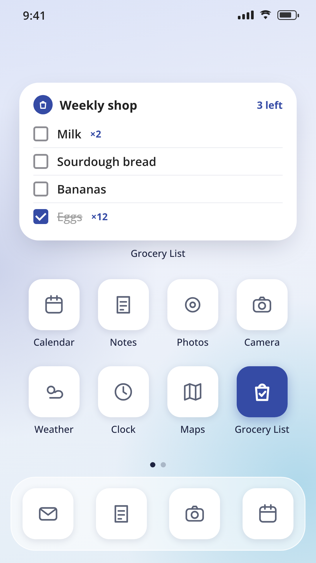 Home-screen widget showing an active grocery list from the Grocery List & Budget Planner app