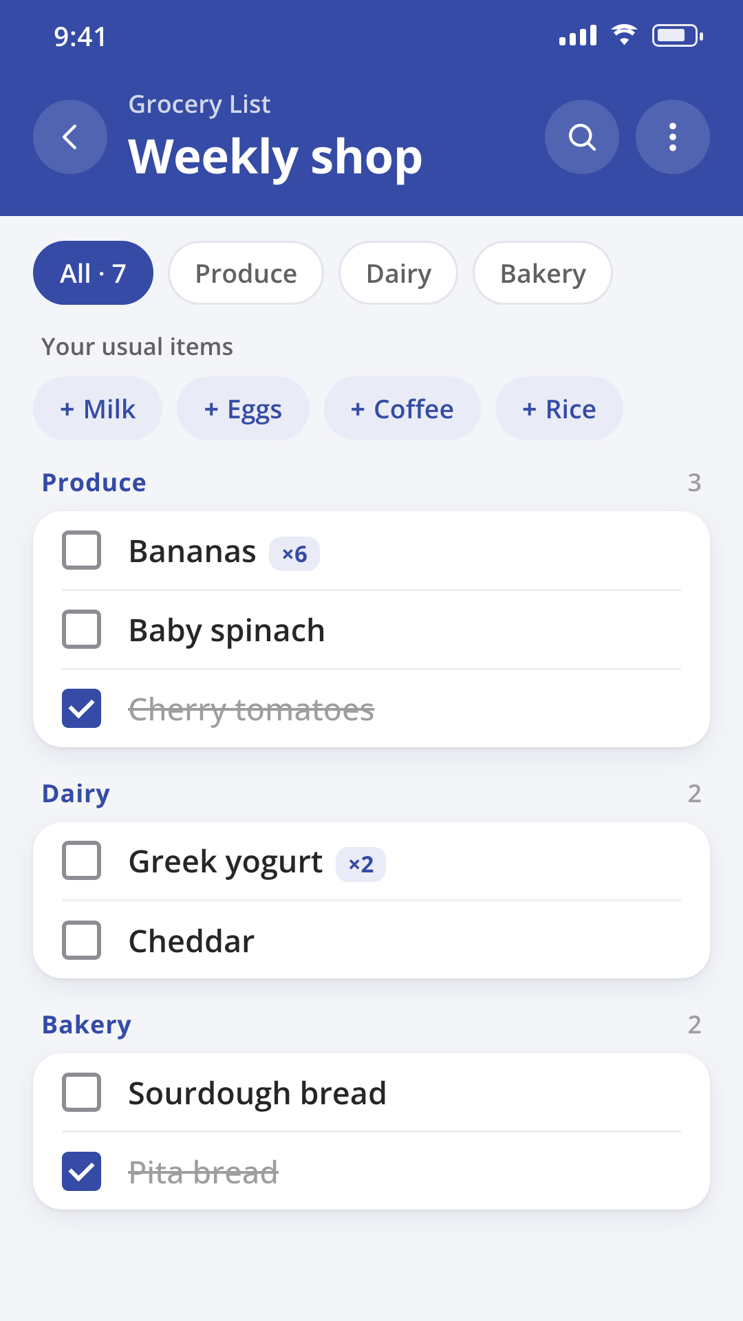 Grocery list sorted by aisle with usual-item chips in the Grocery List & Budget Planner app